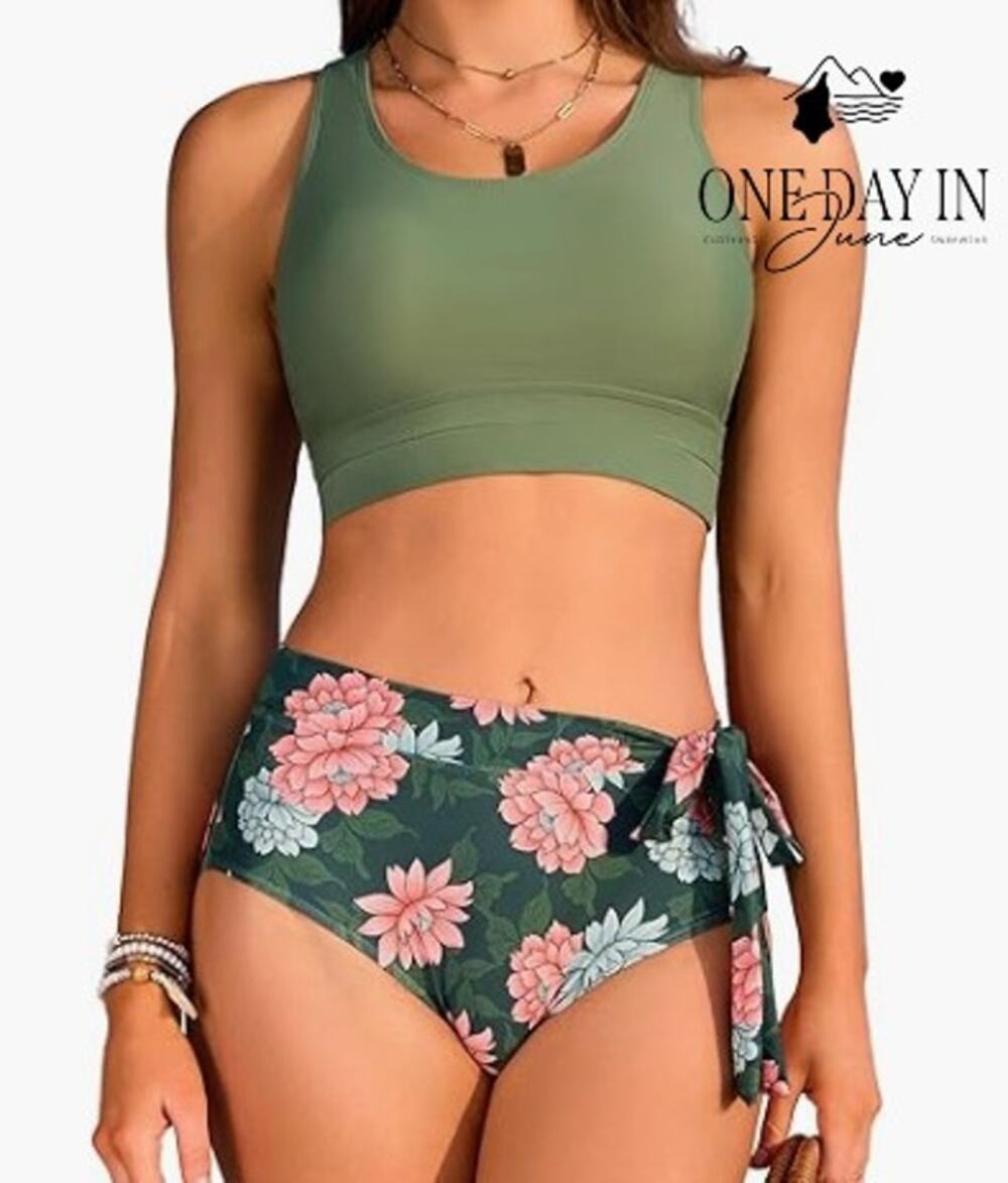Dokotoo Crop Top High Waist Floral Bikini Swimsuit Green NWT Size M